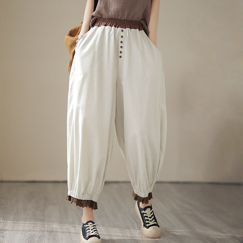 Buddha Stones Casual Spring Solid Color Patchwork Design Women's Cotton Linen Elastic Waistband Harem Pants With Pockets