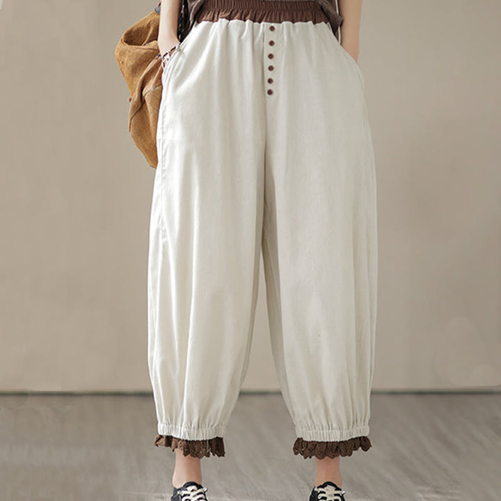 Buddha Stones Casual Spring Solid Color Patchwork Design Women's Cotton Linen Elastic Waistband Harem Pants With Pockets