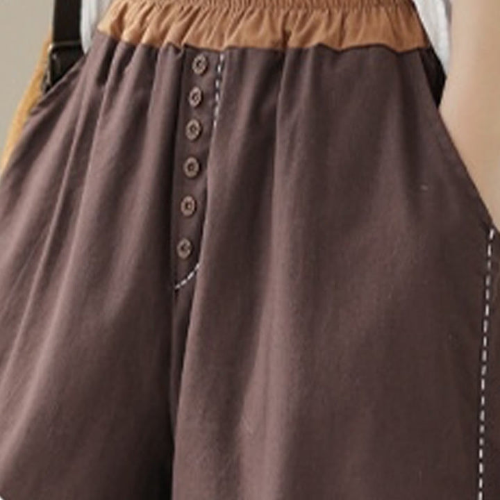 Buddha Stones Casual Spring Solid Color Patchwork Design Women's Cotton Linen Elastic Waistband Harem Pants With Pockets