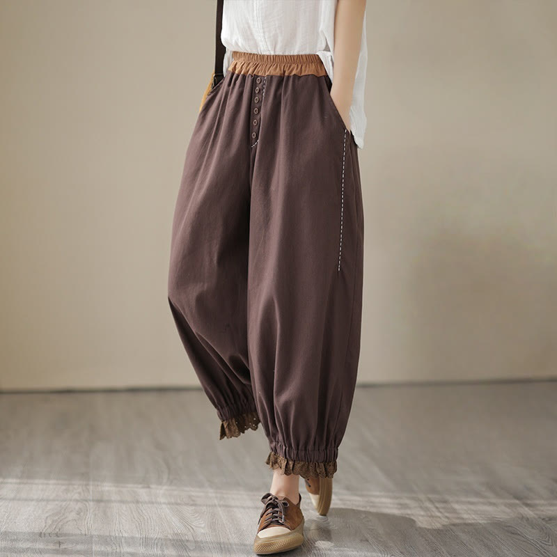 Buddha Stones Casual Spring Solid Color Patchwork Design Women's Cotton Linen Elastic Waistband Harem Pants With Pockets