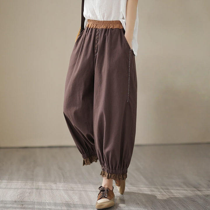 Buddha Stones Casual Spring Solid Color Patchwork Design Women's Cotton Linen Elastic Waistband Harem Pants With Pockets