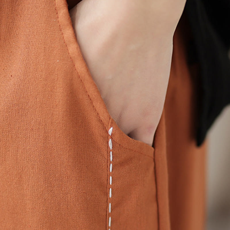 Buddha Stones Casual Spring Solid Color Patchwork Design Women's Cotton Linen Elastic Waistband Harem Pants With Pockets