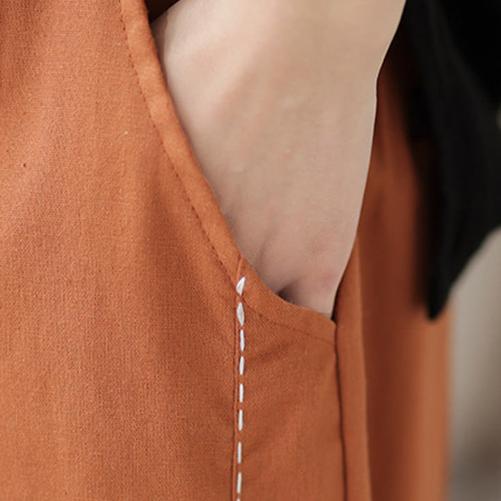 Buddha Stones Casual Spring Solid Color Patchwork Design Women's Cotton Linen Elastic Waistband Harem Pants With Pockets