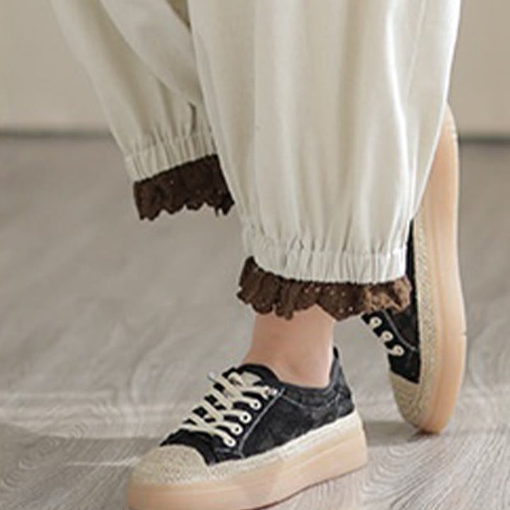 Buddha Stones Casual Spring Solid Color Patchwork Design Women's Cotton Linen Elastic Waistband Harem Pants With Pockets