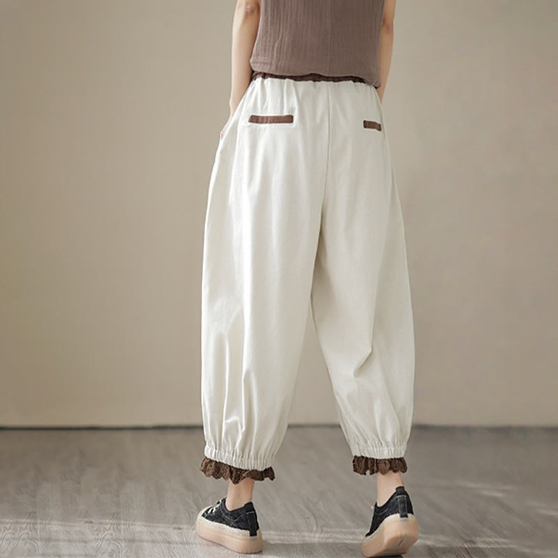 Buddha Stones Casual Spring Solid Color Patchwork Design Women's Cotton Linen Elastic Waistband Harem Pants With Pockets