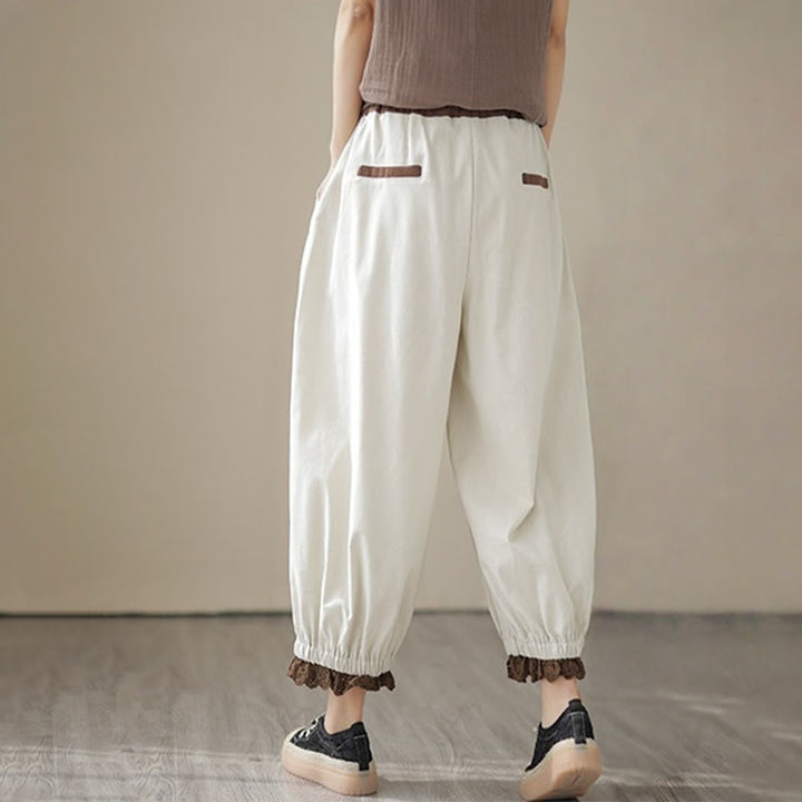 Buddha Stones Casual Spring Solid Color Patchwork Design Women's Cotton Linen Elastic Waistband Harem Pants With Pockets