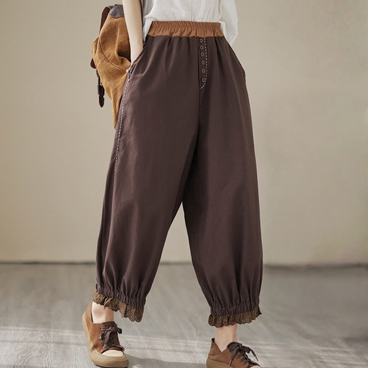 Buddha Stones Casual Spring Solid Color Patchwork Design Women's Cotton Linen Elastic Waistband Harem Pants With Pockets