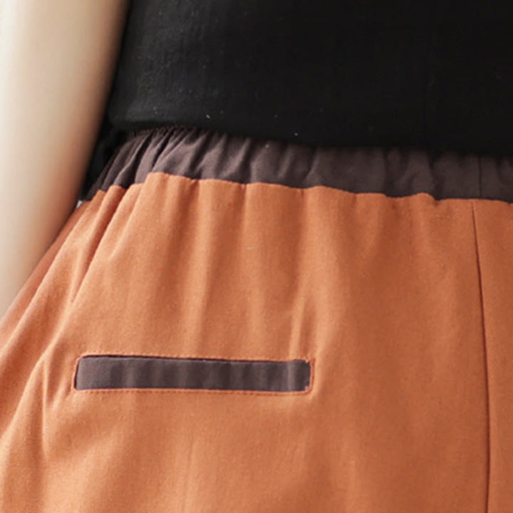 Buddha Stones Casual Spring Solid Color Patchwork Design Women's Cotton Linen Elastic Waistband Harem Pants With Pockets