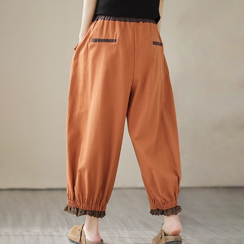 Buddha Stones Casual Spring Solid Color Patchwork Design Women's Cotton Linen Elastic Waistband Harem Pants With Pockets