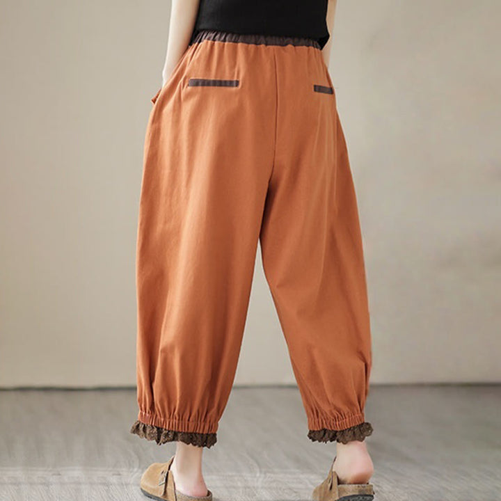 Buddha Stones Casual Spring Solid Color Patchwork Design Women's Cotton Linen Elastic Waistband Harem Pants With Pockets