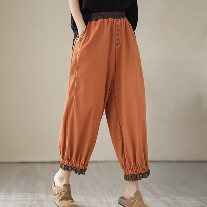 Buddha Stones Casual Spring Solid Color Patchwork Design Women's Cotton Linen Elastic Waistband Harem Pants With Pockets