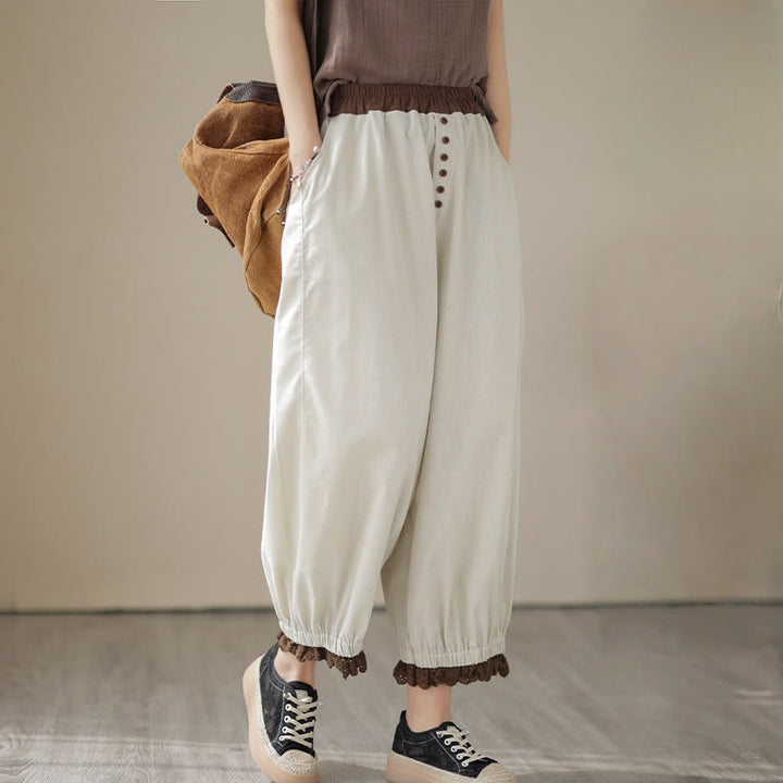 Buddha Stones Casual Spring Solid Color Patchwork Design Women's Cotton Linen Elastic Waistband Harem Pants With Pockets