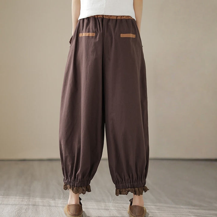 Buddha Stones Casual Spring Solid Color Patchwork Design Women's Cotton Linen Elastic Waistband Harem Pants With Pockets
