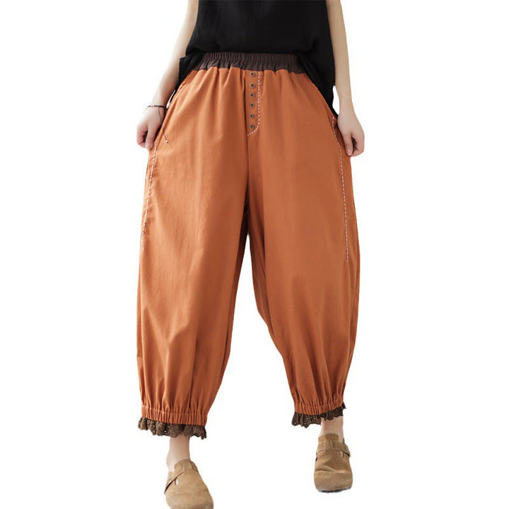 Buddha Stones Casual Spring Solid Color Patchwork Design Women's Cotton Linen Elastic Waistband Harem Pants With Pockets