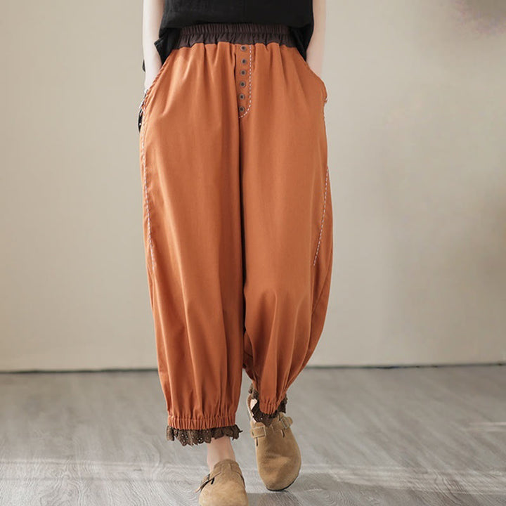 Buddha Stones Casual Spring Solid Color Patchwork Design Women's Cotton Linen Elastic Waistband Harem Pants With Pockets