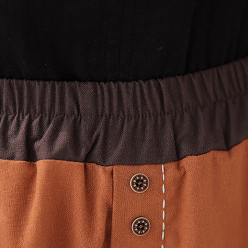 Buddha Stones Casual Spring Solid Color Patchwork Design Women's Cotton Linen Elastic Waistband Harem Pants With Pockets
