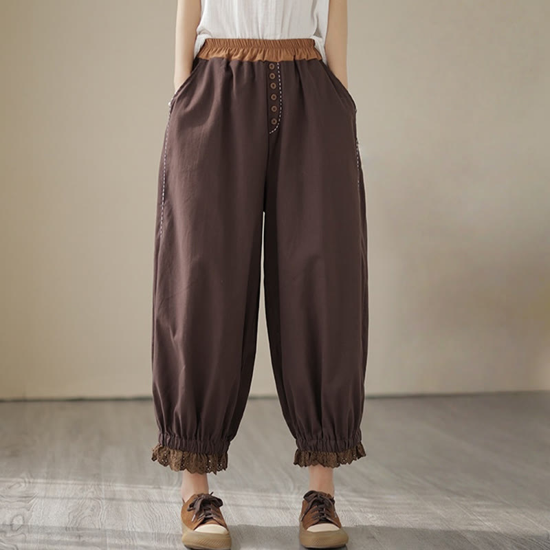 Buddha Stones Casual Spring Solid Color Patchwork Design Women's Cotton Linen Elastic Waistband Harem Pants With Pockets