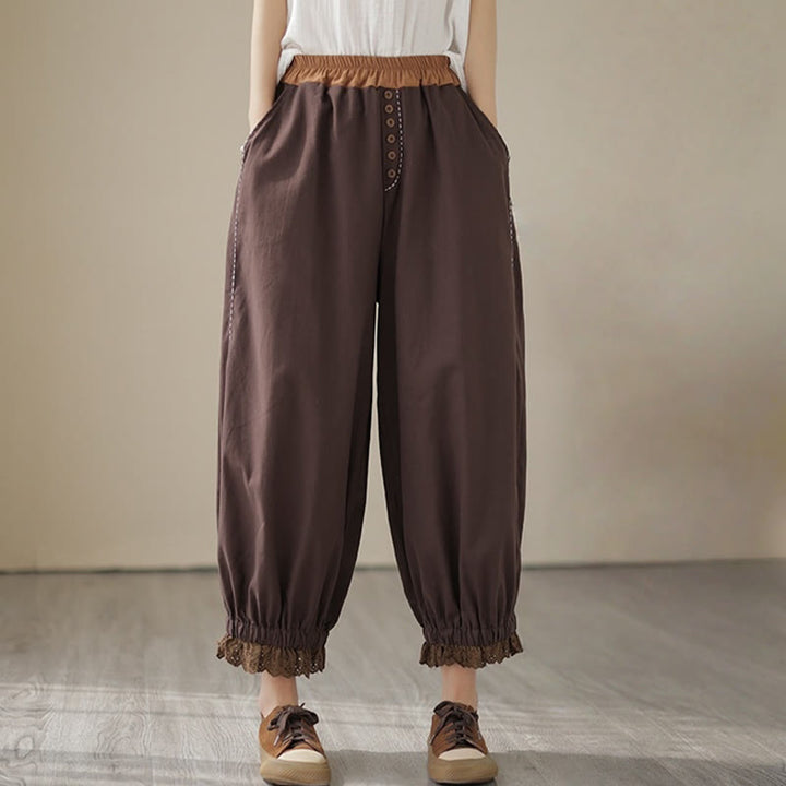 Buddha Stones Casual Spring Solid Color Patchwork Design Women's Cotton Linen Elastic Waistband Harem Pants With Pockets