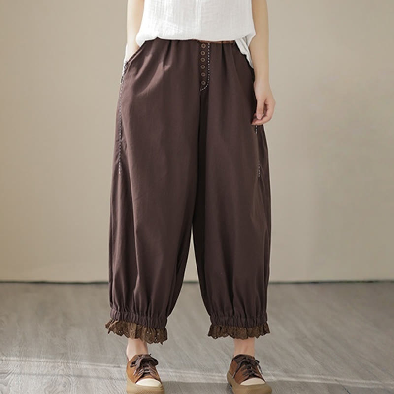 Buddha Stones Casual Spring Solid Color Patchwork Design Women's Cotton Linen Elastic Waistband Harem Pants With Pockets