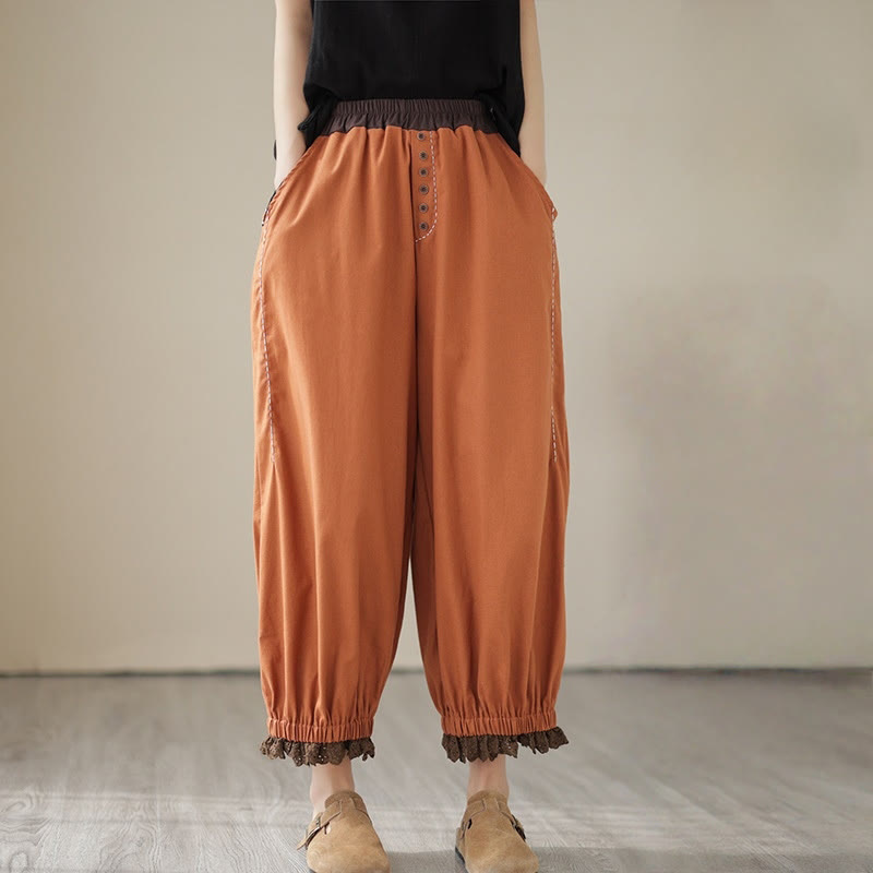 Buddha Stones Casual Spring Solid Color Patchwork Design Women's Cotton Linen Elastic Waistband Harem Pants With Pockets