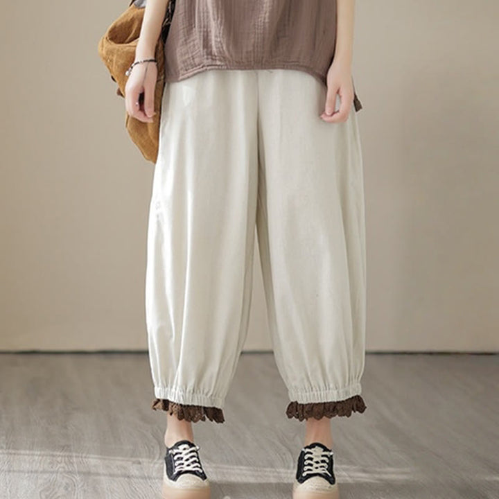 Buddha Stones Casual Spring Solid Color Patchwork Design Women's Cotton Linen Elastic Waistband Harem Pants With Pockets