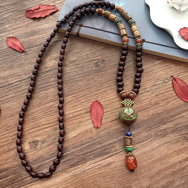 Buddha Stones Tibetan Handmade Wenge Wood Protection Dzi Bead Elephant Head Necklace Pendant