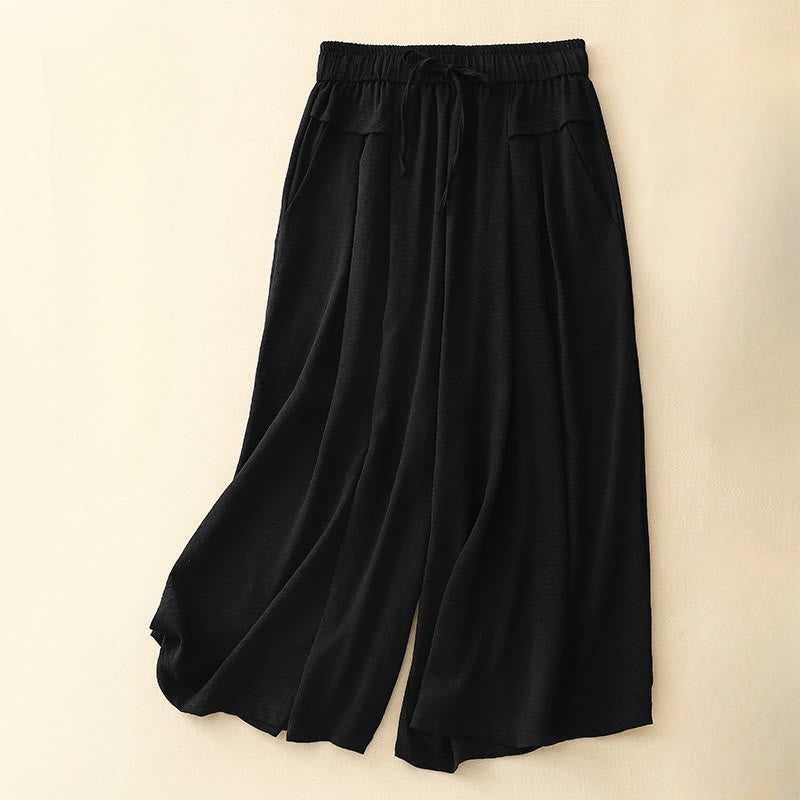 Buddha Stones Causal Ethnic Simple Drawstring Design Women's Wide Leg Cropped Pants With Pockets - Black - US8-10,UK/AU12-14,EU40-42 (2XL) - image 9