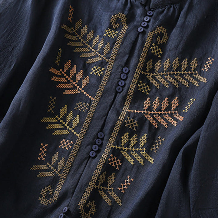 Buddha Stones Casual Artistic Embroidery Leaves Pattern Women's Cotton Linen Three Quarter Sleeve Shirt Cardigan - image 12