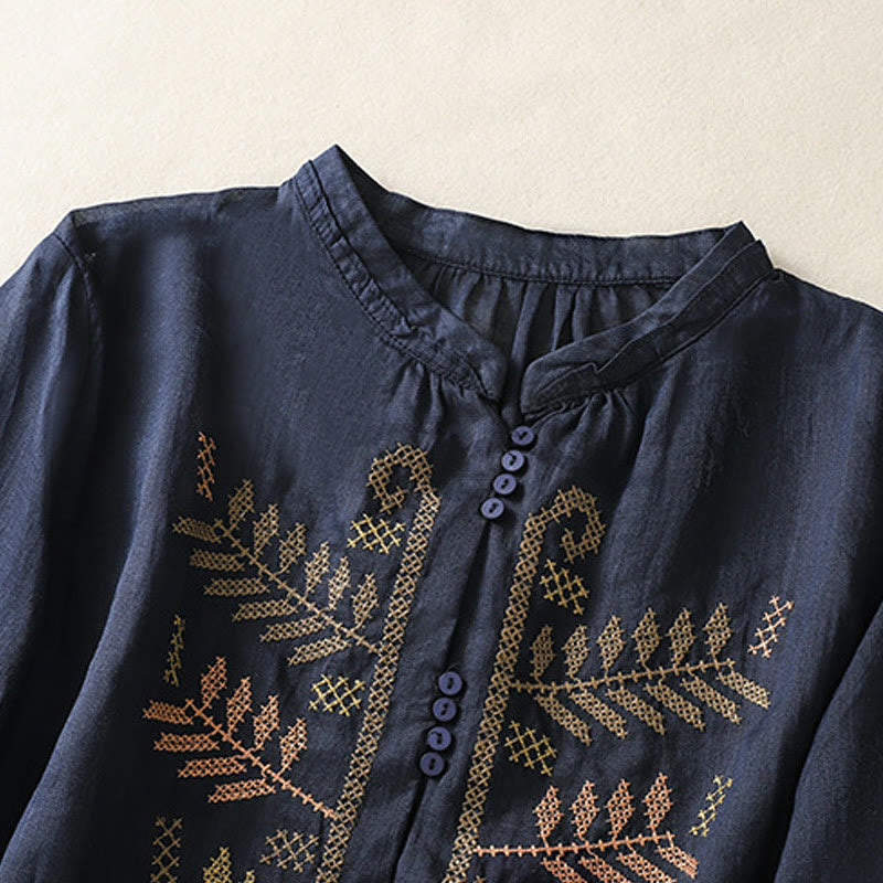 Buddha Stones Casual Artistic Embroidery Leaves Pattern Women's Cotton Linen Three Quarter Sleeve Shirt Cardigan - image 9