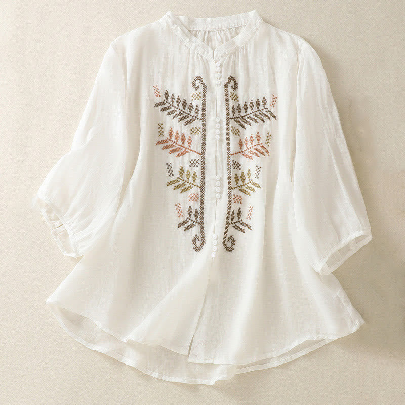 Buddha Stones Casual Artistic Embroidery Leaves Pattern Women's Cotton Linen Three Quarter Sleeve Shirt Cardigan - White - US8-10,UK/AU12-14,EU40-42 (2XL) - image 14