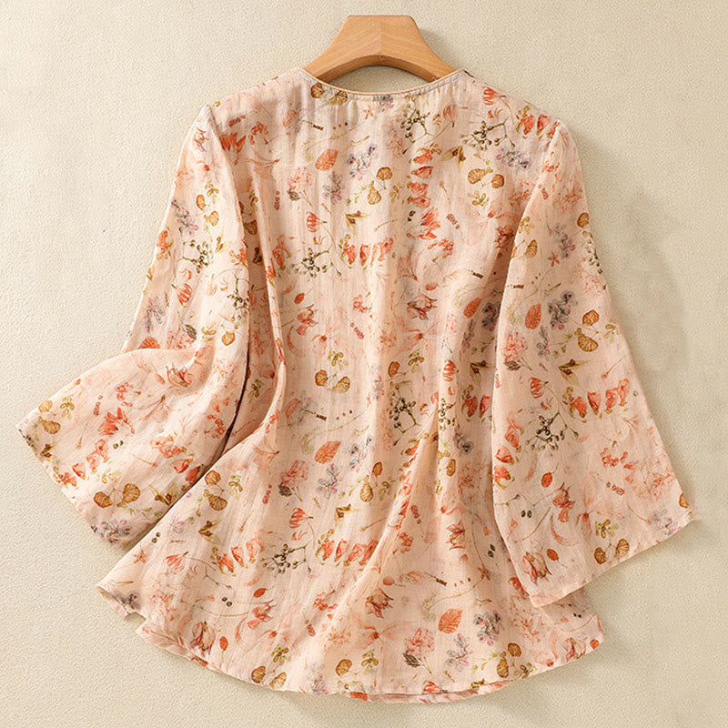 Buddha Stones Summer Casual Printing Frog-Button Design Women's Cotton Linen Long Sleeve Shirt