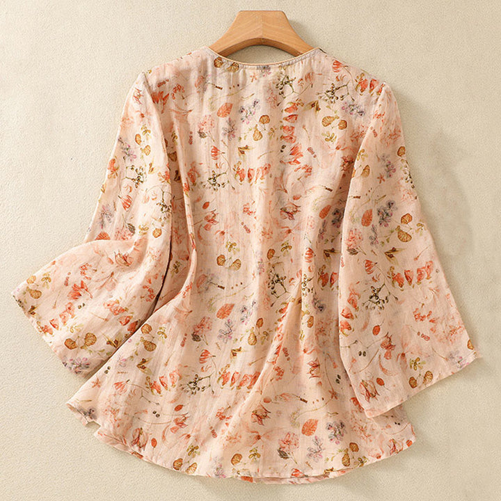 Buddha Stones Summer Casual Printing Frog-Button Design Women's Cotton Linen Long Sleeve Shirt