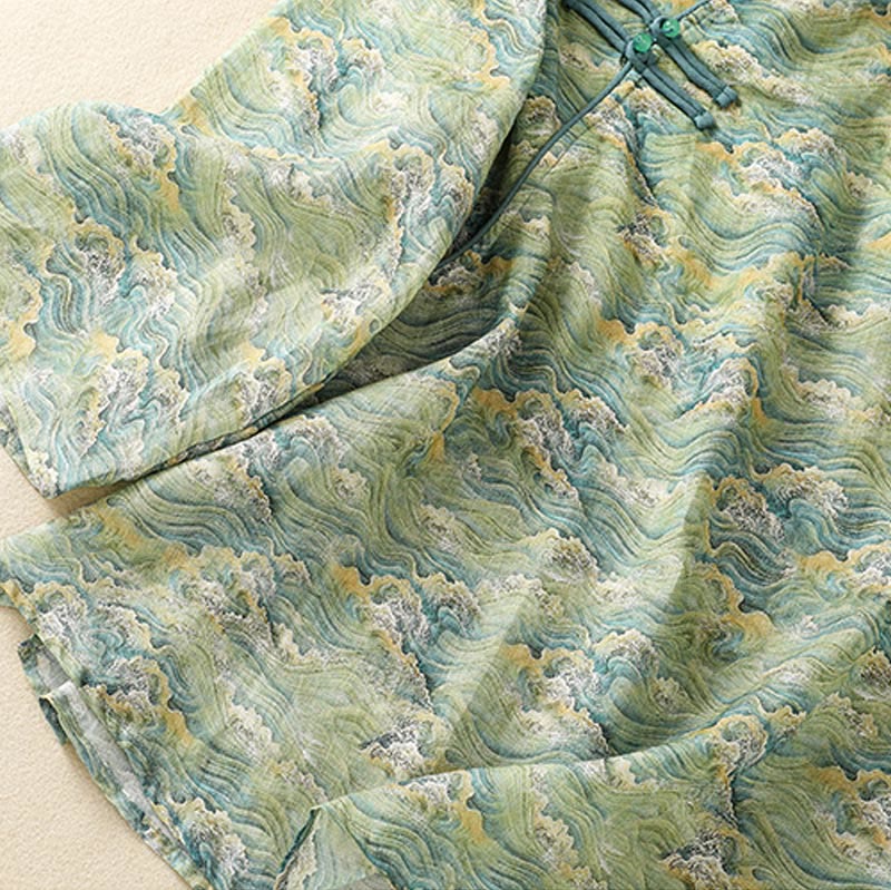 Buddha Stones Summer Casual Printing Frog-Button Design Women's Cotton Linen Long Sleeve Shirt