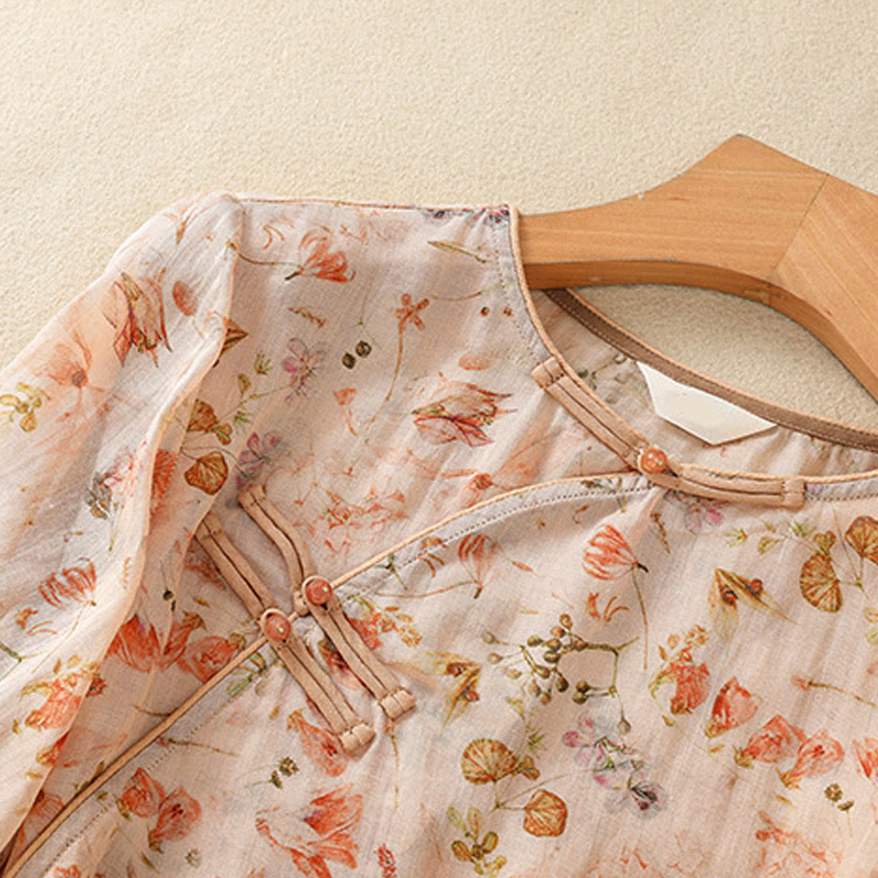 Buddha Stones Summer Casual Printing Frog-Button Design Women's Cotton Linen Long Sleeve Shirt