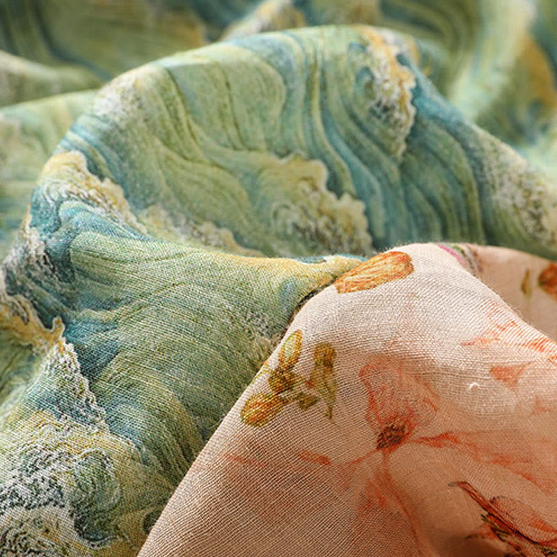 Buddha Stones Summer Casual Printing Frog-Button Design Women's Cotton Linen Long Sleeve Shirt