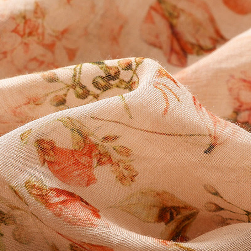 Buddha Stones Summer Casual Printing Frog-Button Design Women's Cotton Linen Long Sleeve Shirt