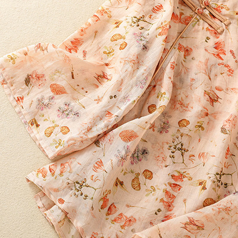 Buddha Stones Summer Casual Printing Frog-Button Design Women's Cotton Linen Long Sleeve Shirt