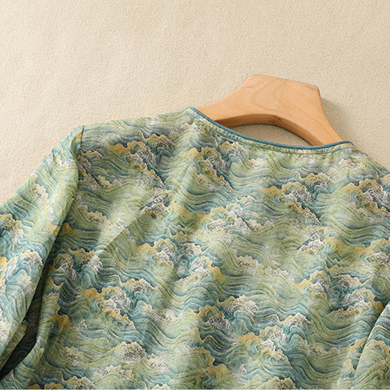 Buddha Stones Summer Casual Printing Frog-Button Design Women's Cotton Linen Long Sleeve Shirt