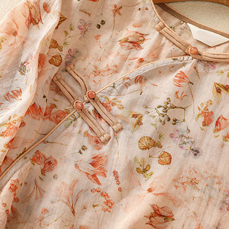 Buddha Stones Summer Casual Printing Frog-Button Design Women's Cotton Linen Long Sleeve Shirt