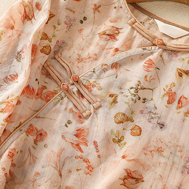 Buddha Stones Summer Casual Printing Frog-Button Design Women's Cotton Linen Long Sleeve Shirt