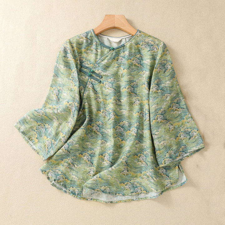 Buddha Stones Summer Casual Printing Frog-Button Design Women's Cotton Linen Long Sleeve Shirt