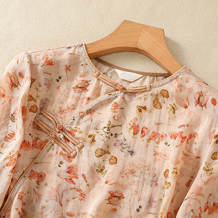 Buddha Stones Summer Casual Printing Frog-Button Design Women's Cotton Linen Long Sleeve Shirt