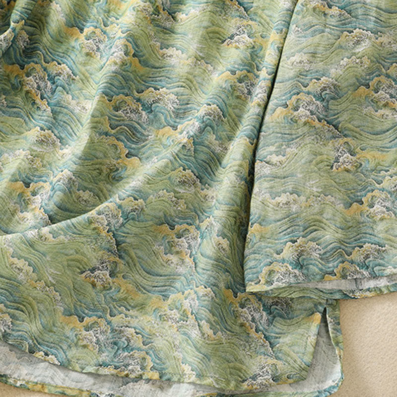 Buddha Stones Summer Casual Printing Frog-Button Design Women's Cotton Linen Long Sleeve Shirt