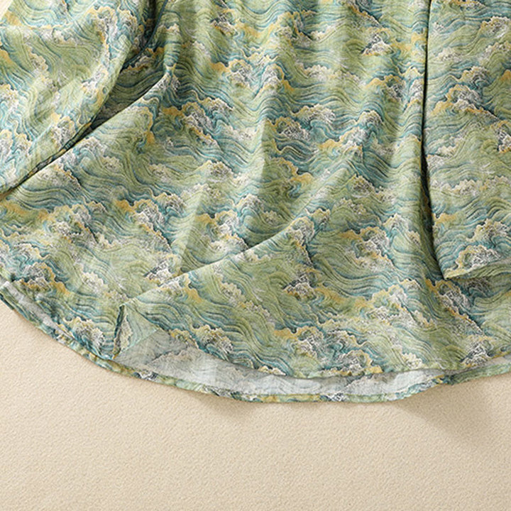 Buddha Stones Summer Casual Printing Frog-Button Design Women's Cotton Linen Long Sleeve Shirt