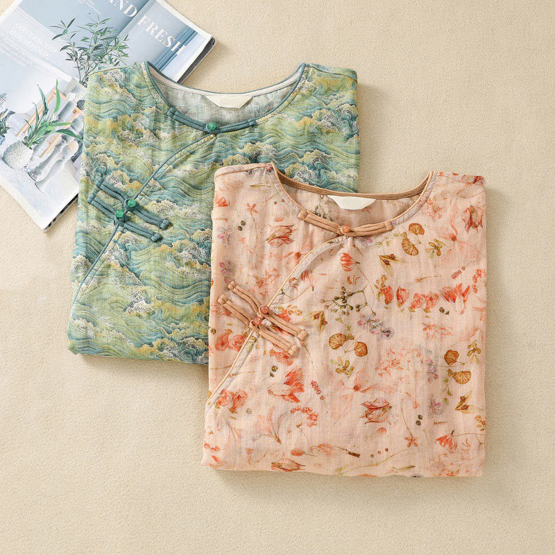 Buddha Stones Summer Casual Printing Frog-Button Design Women's Cotton Linen Long Sleeve Shirt