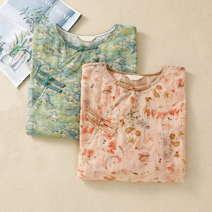 Buddha Stones Summer Casual Printing Frog-Button Design Women's Cotton Linen Long Sleeve Shirt