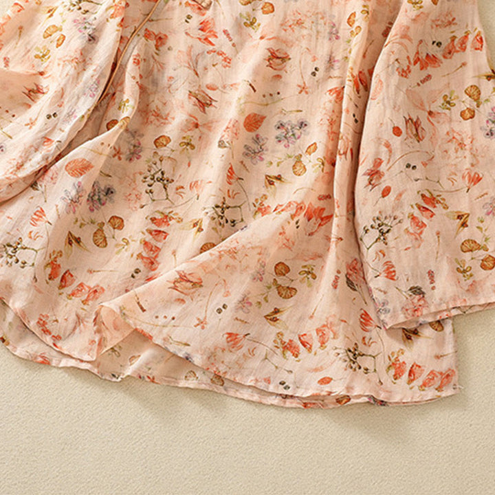 Buddha Stones Summer Casual Printing Frog-Button Design Women's Cotton Linen Long Sleeve Shirt