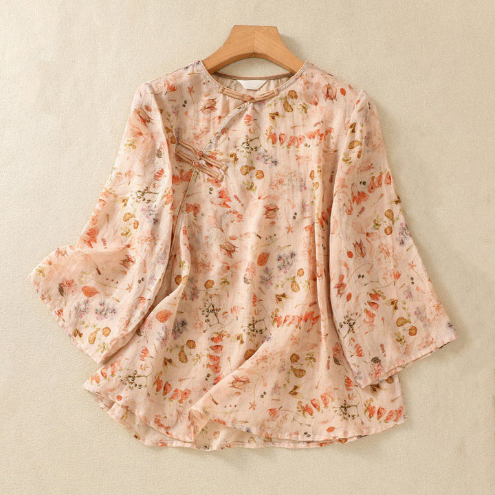 Buddha Stones Summer Casual Printing Frog-Button Design Women's Cotton Linen Long Sleeve Shirt