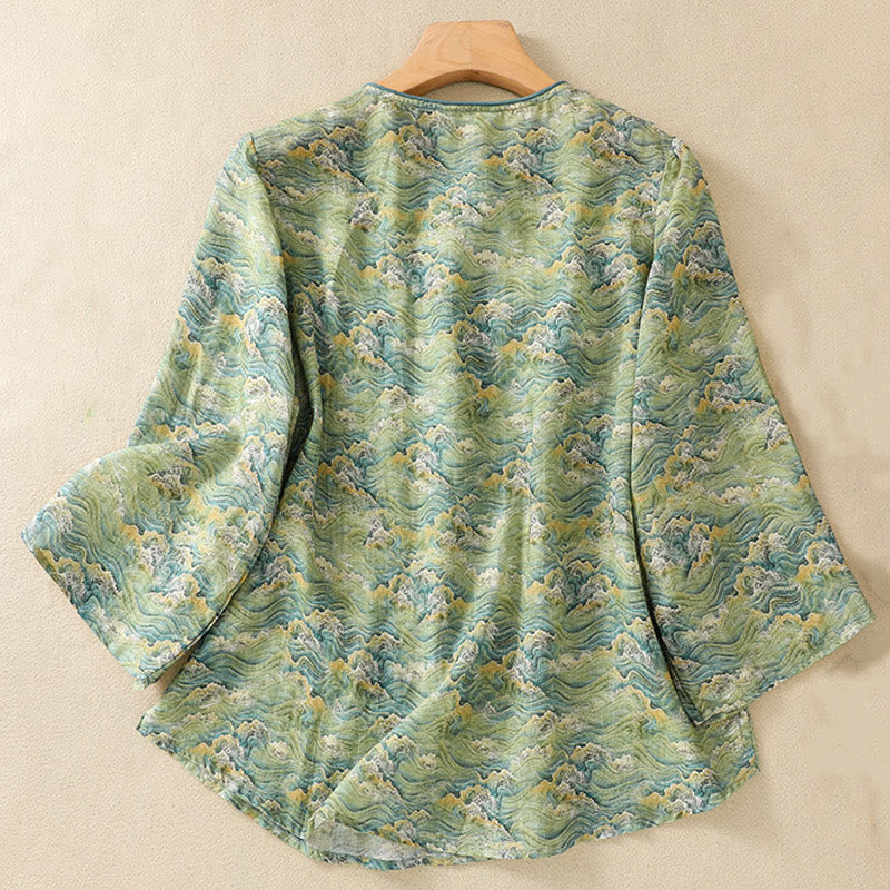 Buddha Stones Summer Casual Printing Frog-Button Design Women's Cotton Linen Long Sleeve Shirt