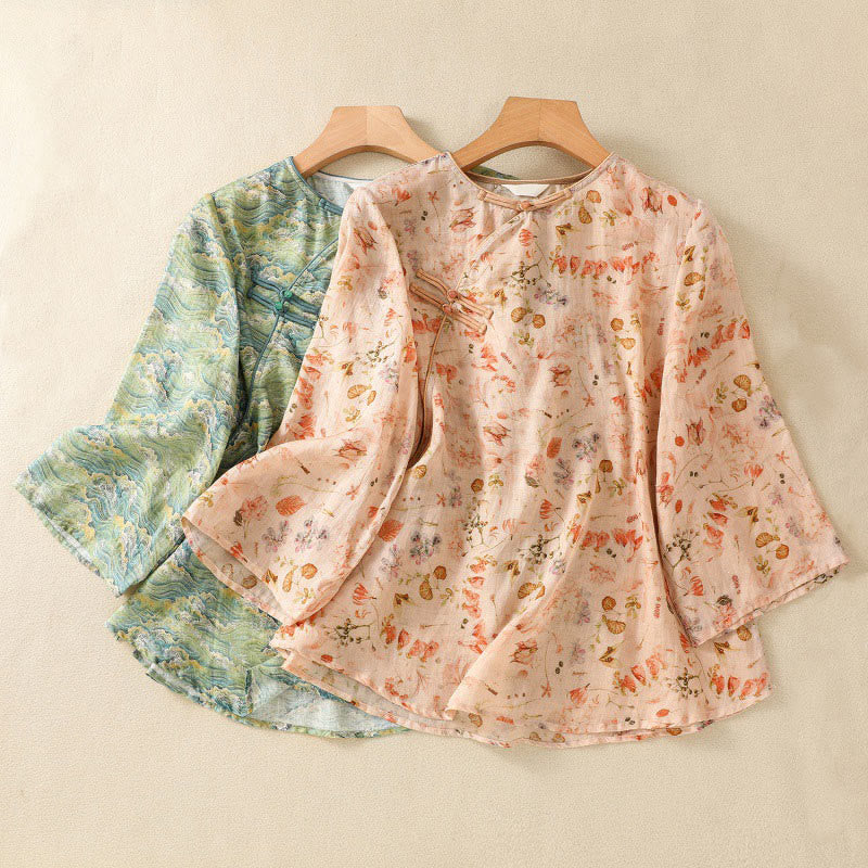 Buddha Stones Summer Casual Printing Frog-Button Design Women's Cotton Linen Long Sleeve Shirt